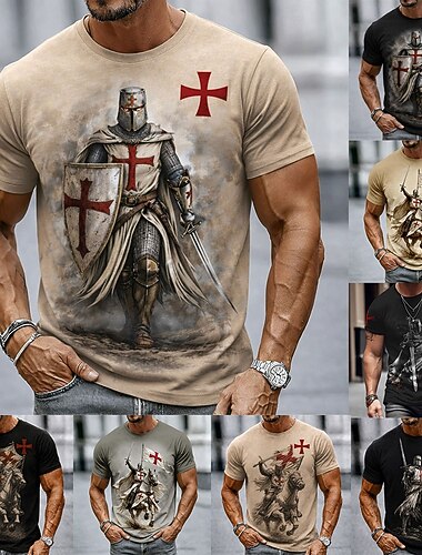  Homens Cavaleiros Templários Camiseta Manga Curta Camiseta Impressão 3D Gola Redonda Camisa Góticas Rua Dark Party 1 2 3 Todas as Estações Roupa S M L XL XXL XXXL