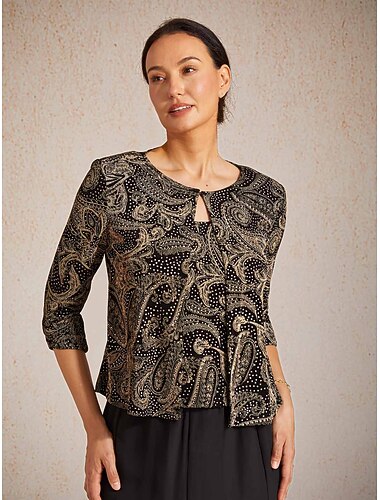  Women's Boho Shirt Blouse Dressy Tops Glitter Paisley Elegant Stylish 3/4 Length Sleeve Crew Neck Regular Tops Daily Work Wedding Guest Black Summer Spring Fall