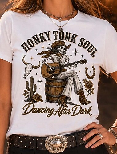  Halloween T-shirt à motif tête de mort T-shirt Honky Tonk Soul Cowgirl Squelette Rétro Vintage Fantasmagorique street style Col ras du cou pour Femmes Adulte Impression 3D  pour Halloween Carnaval