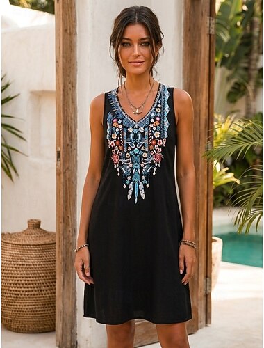  minivestido bordado para mujer, vestido recto, vestido de verano, vestido tipo camiseta, vestido de corte A, vestido de vacaciones, fiesta, casual, diario, fiesta en la playa, corte regular, floral,
