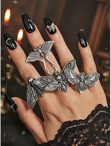  Dam Gotisk Dödskalle Mal Ring Set Legering Silver Stapelbara Ringar Vintage Halloween Smycken Fjärilsmalskalle Statement Ringar För Maskeradfest Häxstil Accessoarer