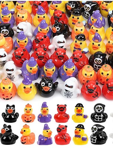  Lot de 50 mini-figurines de canards en résine pour Halloween, assortiment de canards fantômes, citrouilles, squelettes et sorcières, jouets pour les fêtes d'Halloween, décoration de bureau ou de