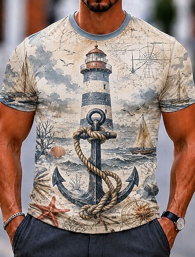  Voor heren Zeester Zeilboot T-shirt Korte mouw T-shirt 3D-afdrukken Strakke ronde hals Overhemd Vintage Retro Casual Dagelijks Straat Wit Wit 1 Wit 2 Zomer Lente Kleding S M L XL 2XL 3XL