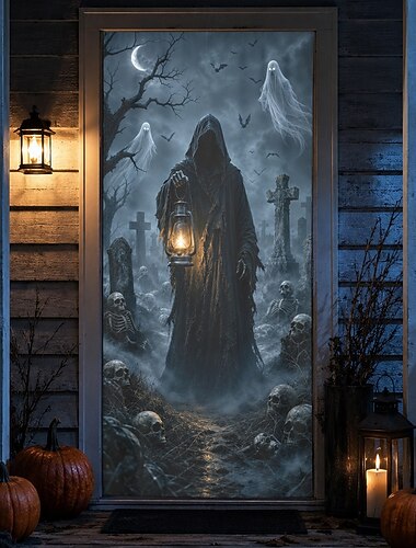  Cubierta de puerta de Halloween con la Parca sosteniendo una linterna en un cementerio embrujado, diseño espeluznante de fantasmas y esqueletos, decoración de puerta de cementerio, pancarta de terror