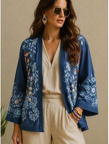  Chaqueta bordada para mujer, chaqueta informal, cárdigan, cortavientos, cálida, elegante, vintage, moda, lujo, floral, informal, diaria, graduación, vacaciones, cuello en V, corte regular, manga 3/4,