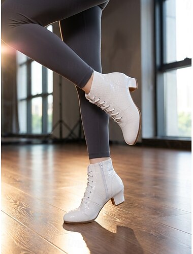  Bottes de danse de caractère blanches pour femmes, imitation croco - chaussures de danse jazz à lacets et talon cubain avec fermeture éclair latérale &Semelle en caoutchouc antidérapante pour