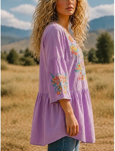  Damesblouse/tuniek van 100% katoen in boho-stijl, zomerse top met plooien en bloemenprint, elegant, bohemian, vakantiestijl, 3/4 mouwen, lange top, casual, paars, zomer, lente, herfst, winter