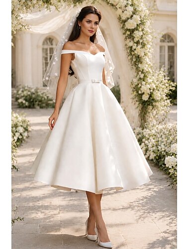  Linea ad A Lunghezza Tè Piccolo vestito bianco Abiti da Cocktail Abiti da sposa Abito da sposa Anni 1950 Minimalista Piccoli Abiti Bianchi Senza Maniche Senza Spalle Ospite di nozze Laurea