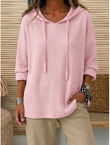  felpa da donna casual vintage waffle con coulisse texture cappuccio quotidiano kaki rosa autunno inverno