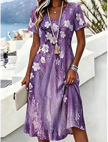  Per donna Abito al ginocchio Vestito T-Shirt Abito a trapezio Vacanza Casual Boho Spiaggia Vestibilità regolare Floreale Grafico Manica Corta Scollo a V Rosa Viola Grigio Estate Primavera