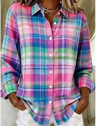  Dames Overhemd Knop Afdrukken Grafisch Ruitjes Vintage Stijlvol Modern Lange mouw Overhemdkraag Croptops Casual Dagelijks Blozend Roze Hemelsblauw Donkergroen Groen Lente Herfst