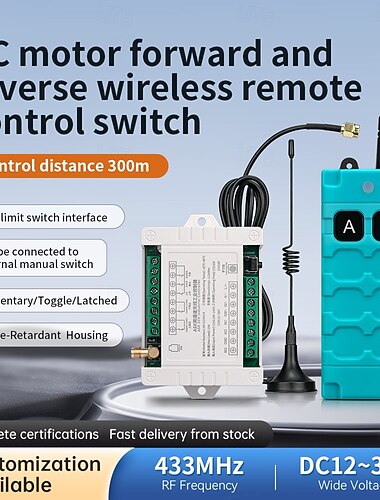  DC 12V 24V 36V trådløs fjernkontrollbryter for DC-motor forover og bakover, 433mhz RF 300m lang rekkeviddekontroller med grensebrytergrensesnitt, momentan vippelåsmoduser