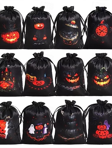  Sachets à friandises à cordon pour Halloween, lot de 12 sacs cadeaux noirs à motifs effrayants, réutilisables, parfaits pour la chasse aux bonbons, les fêtes d'Halloween et autres occasions spéciales.