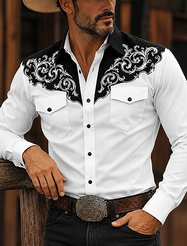  Per uomo Floreale Camicia Camicia Western Camicia da cowboy Manica Lunga Vintage Western Casuale All'aperto Primavera Autunno Collo ripiegato Due tasche anteriori Camicia tipo lino Camicie con bottoni