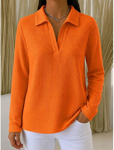  Dames Blouse Effen Kleur Vintage Stijlvol Basic Lange mouw Overhemdkraag Normale tops Casual Dagelijks Oranje Zomer Herfst