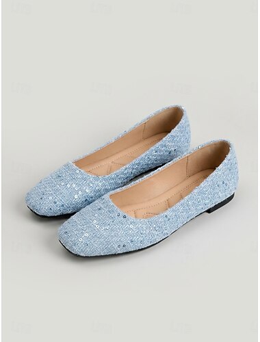  Ballerine da donna in tweed azzurro chiaro - scarpe eleganti casual a punta quadrata con dettagli di paillettes &Soletta comfort per viaggi e shopping in città &abbigliamento quotidiano