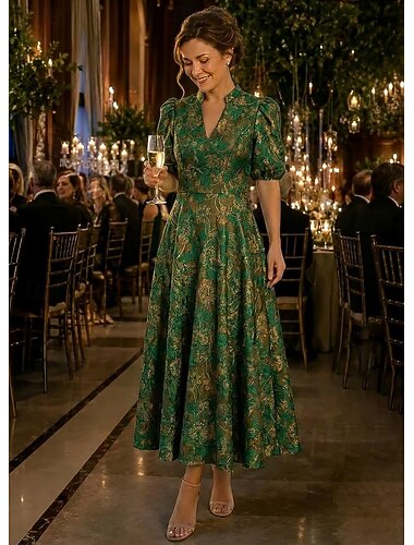  A-Linie Kleid Knöchellänge Brautmutterkleid Kurzarm V Ausschnitt Elegant Vintage luxuriös Formell Hochzeitsgast Semi-Formal Metallgewebe Jacquard mit Gerafft