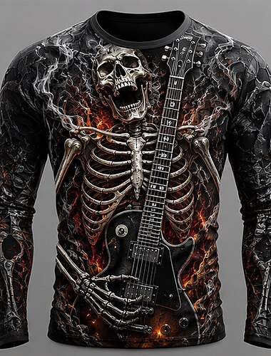  Halloween Herren Schädel Skelett Gitarre T Shirt Langarm T-Shirt 3D-Druck Rundhalsausschnitt Hemd Mode Übertrieben Lässig Karneval Straße Purpur Orange Grün Sommer Frühling Herbst Bekleidung S M L XL