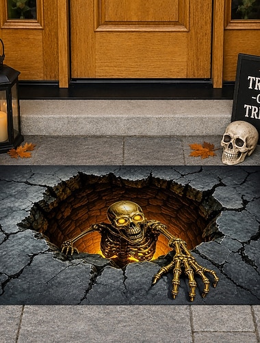  Zerbino di Halloween con illusione ottica 3D, scheletro, tomba, zerbino per porta d'ingresso, terreno crepato, teschio, tappeto per interni ed esterni, spaventosa decorazione di Halloween per il