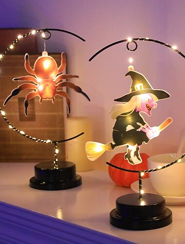  LED-Halloween-Lampe aus Eisen in Form einer Hexe mit Spinnen-, Vogel- und Fledermausmotiv, festliche Lampe für Wohn- und Schlafzimmer.