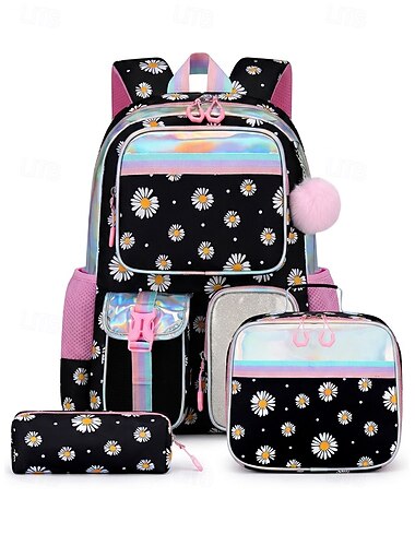  Conjunto de mochila de 3 peças com estampa de margaridas para meninas, incluindo lancheira. &Estojo escolar impermeável em poliéster, com vários compartimentos e alças acolchoadas em formato de S,