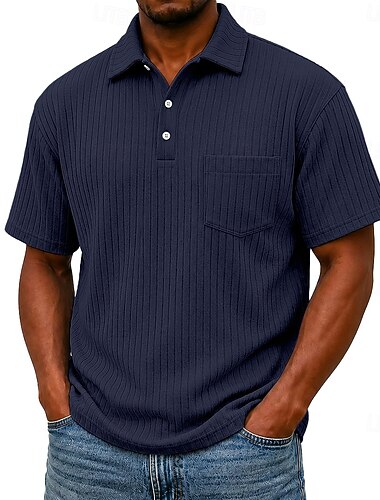  Herren Rippenstrick-Top Textur Lässig Arbeit Revers Gerippter Polokragen Kurzarm Basic Modern Farbblock Knöpfe Gestrickt Frühling & Sommer Sommer Frühling Normale Passform Blau Weiß Marineblau Grau