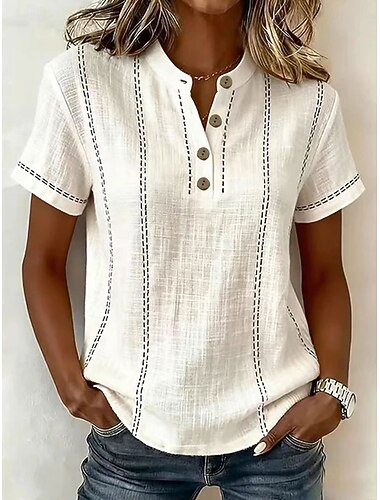  Damen Baumwoll-Leinen-Hemden Bluse Grafik Gestreift Vintage Stilvoll Basic Kurzarm V Ausschnitt Normale Oberteile Lässig Täglich Blau Weiß Rosa Grün Sommer Frühling