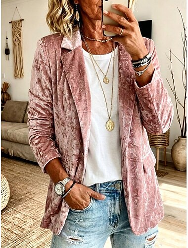  Damen Samt Jacke Patchwork Einfarbig Vintage Langarm Kragen Lässig Rosa Herbst Winter