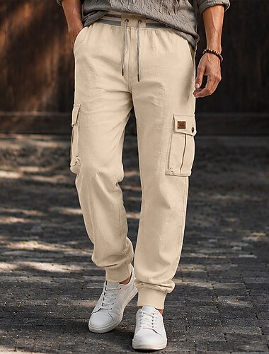  Herren Cargo-Hosen Leinenhosen Sommerhose Baggy-Hosen Kordelzug Elastischer Bund Einfach Komfort Atmungsaktiv Volle Länge Lässig Täglich Outdoor Urlaub Mode Blau Khaki Unelastisch