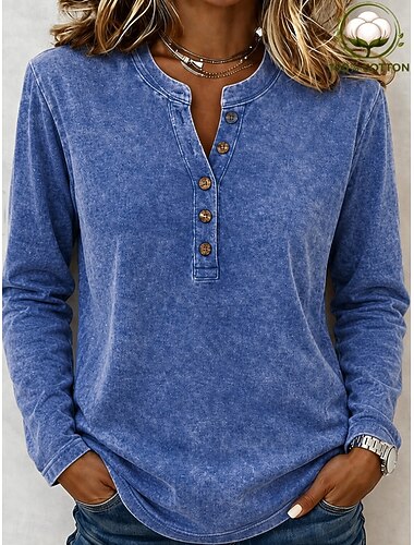  Dam Henleytröja Syratvätt Vintage tvätt Grafisk Slät Vintage Mode Stylish Ärmlös Kortärmad Långärmad Henley Vanliga toppar Ledigt Strand Blå Rodnande Rosa Charcoat Grey Vår Höst Vinter