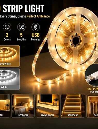  Striscia LED da interni da 5 m con interruttore a pulsante, striscia LED USB da 5 V, plug-and-play, facile da installare e decorare, adatta per l'illuminazione di sfondo in soggiorni, scaffali,