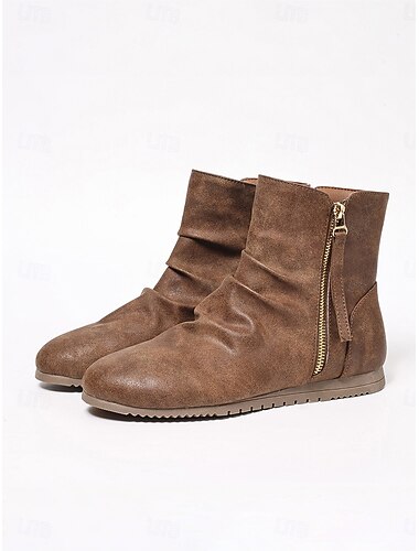  Botas femininas marrons desgastadas com franzido no tornozelo e fechamento lateral com zíper, estilo vintage, bico redondo e modelagem folgada, ideais para viagens e caminhadas no campo. &roupa casual