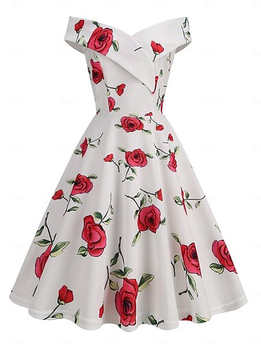 Années 1950 Rétro Vintage Rockabilly Midi Robe Robe Évasée Sans manches Taille haute Fleuri Fruit Ajusté & Évasé Col en Y Déguisement Femmes Saint-Valentin Festival de Musique Réveil Fête du thé