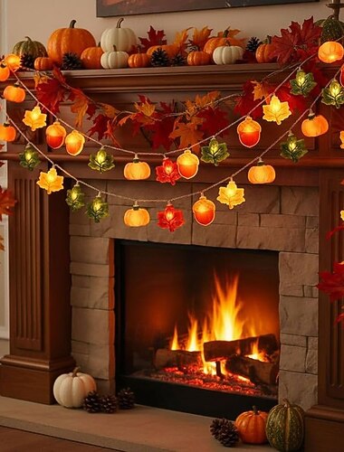  Luci a stringa autunnali di Halloween da 6 m con 40 LED e telecomando a 8 funzioni, ghirlanda luminosa a forma di foglia d'acero, zucca e ghianda, alimentazione a batterie AAA/USB, decorazioni