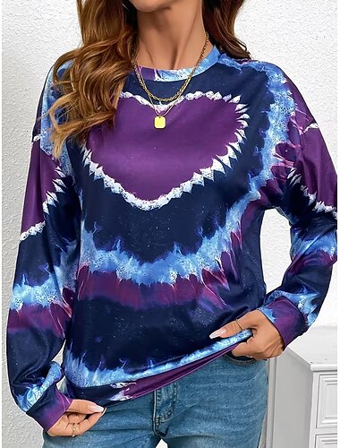  Damen Pullover Sweatshirt Druck Grafik Batik Warm Aktiv Vintage Langarm Rundhalsausschnitt Normale Oberteile Lässig Straße Alltagskleidung Purpur Frühling Herbst Winter