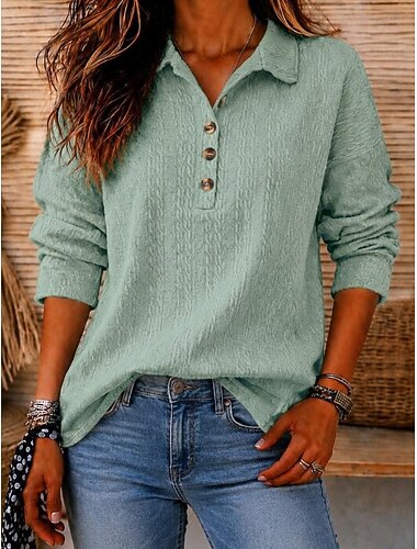  Dames Overhemd Tuniek Button-down overhemd Actief Vakantie Dagelijks Lange mouw Kraag Lange tops Casual Dagelijks Feestdagen Blozend Roze Wijn Groen Beige Grijs Herfst Winter