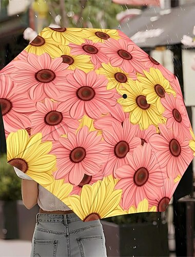  Składany parasol podróżny z nadrukiem stokrotek, przenośny, automatycznie otwierany i zamykany parasol przeciwsłoneczny, kompaktowa, wiatroodporna konstrukcja, wodoodporny parasol z ochroną UV dla