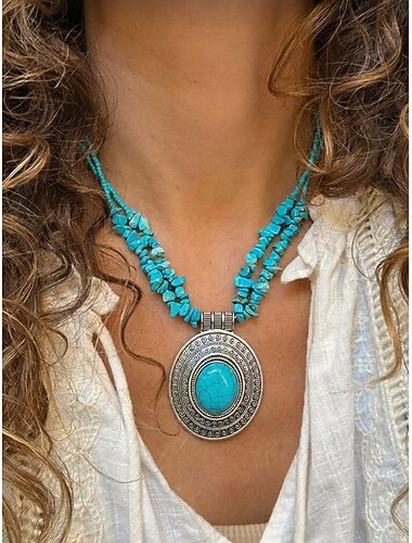  Runde Boho-Halskette mit Anhänger für Damen, Legierung &Statement-Halskette mit türkisfarbenen Perlen, blauer und brauner Vintage-Schmuck für Strandurlaub, Festival, Party und Reisen &Alltagskleidung