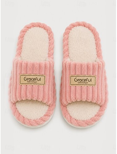  Rosa gestreifte Cord-Hausschuhe für Damen mit offener Zehenpartie – warme Winterpantoffeln für drinnen mit elegantem Etikettendekor &Geschwungener, flauschiger Rand, gemütliches Schlaf- und
