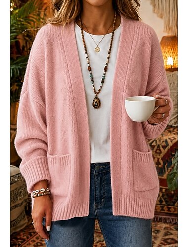  Dámské Svetr Cardigan Elegantní prázdniny Denní Do V Kapsy Dlouhý rukáv Dlouhé topy Plést Denní Domů Dovolená Vodní modrá Černá Podzim Zima