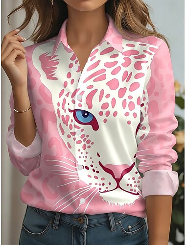  Mujer Camisa Top de satén Camisa de raso Tops de verano Graphic Animal Leopardo Vintage Elegante Básico Manga Larga Cuello Camisero Tops regulares Casual Diario Festivos Rosa rubor Negro Rosa Verano