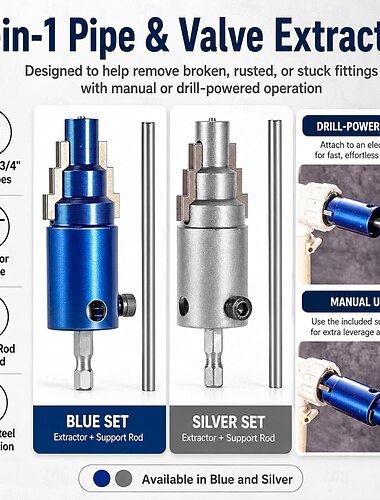  Set van 2 stuks 3-in-1 gereedschap voor het verwijderen van gebroken buizen, geschikt voor 1/2" en 3/4" buizen. &1" buizen, beschadigde waterklep en schroefverwijderaar voor vastzittende, verroeste