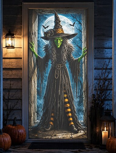  Cubierta de puerta de Halloween, pancarta de puerta de bruja malvada, gato negro, luna llena, bruja aterradora, telón de fondo de puerta principal, porche, entrada, decoración de fiesta de casa