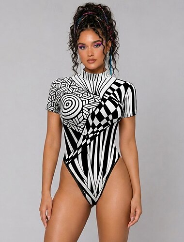  Traje de cosplay Body Abstracto Cremallera Posterior Estampado Mangas cortas Punk y gótico Delirio Mujer Traje para Discoteca Festival de Música festival de música electrónica Víspera de Todos los
