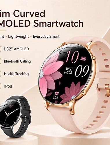 Relógio inteligente unissex (fazer/atender chamadas), tela curva AMOLED de 1,32", monitor de atividades físicas com frequência cardíaca e monitoramento do sono, smartwatch fino e à prova d'água IP68