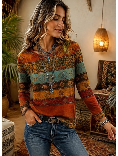  Dames T-shirt Afdrukken Grafisch Paisley Bohemen Modieus Stijlvol Lange mouw Strakke ronde hals Normale tops Casual Dagelijks Weekend Bruin Zomer Lente Herfst