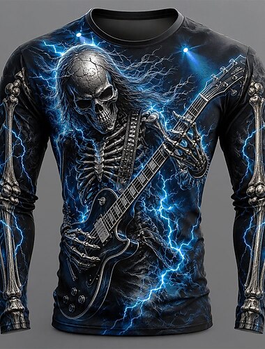  Halloween Herren Schädel Skelett Gitarre T Shirt Langarm T-Shirt 3D-Druck Rundhalsausschnitt Hemd Punk Übertrieben Lässig Karneval Straße Blau Rote Purpur Sommer Frühling Herbst Bekleidung S M L XL