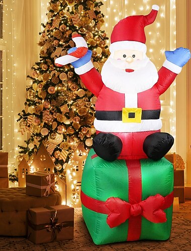  Bellissimo Babbo Natale gonfiabile natalizio seduto su una scatola regalo con LED integrati per decorazioni natalizie per giardino, interni ed esterni, feste in giardino.