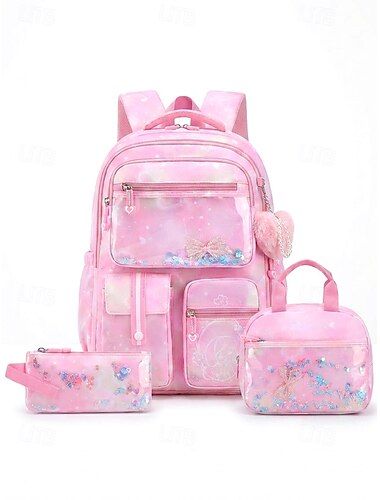  Driedelige schoolrugzakset voor meisjes in verschillende kleuren, waterbestendige polyester schooltas met grote capaciteit en meerdere compartimenten, inclusief lunchtas. &Pennenetui voor de start van