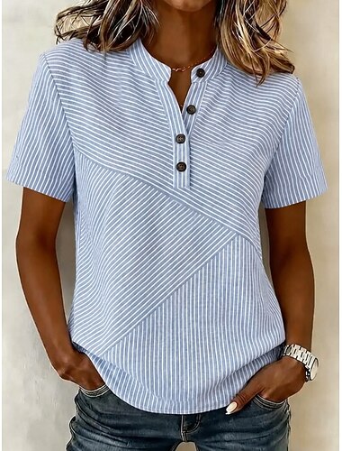  Mulheres Blusa Gráfico Geométrica Elegante Férias Vintage Manga Curta Henrique Collar Tops longos Casual Diário Feriado Azul Amarelo Rosa Cinzento Verão Primavera